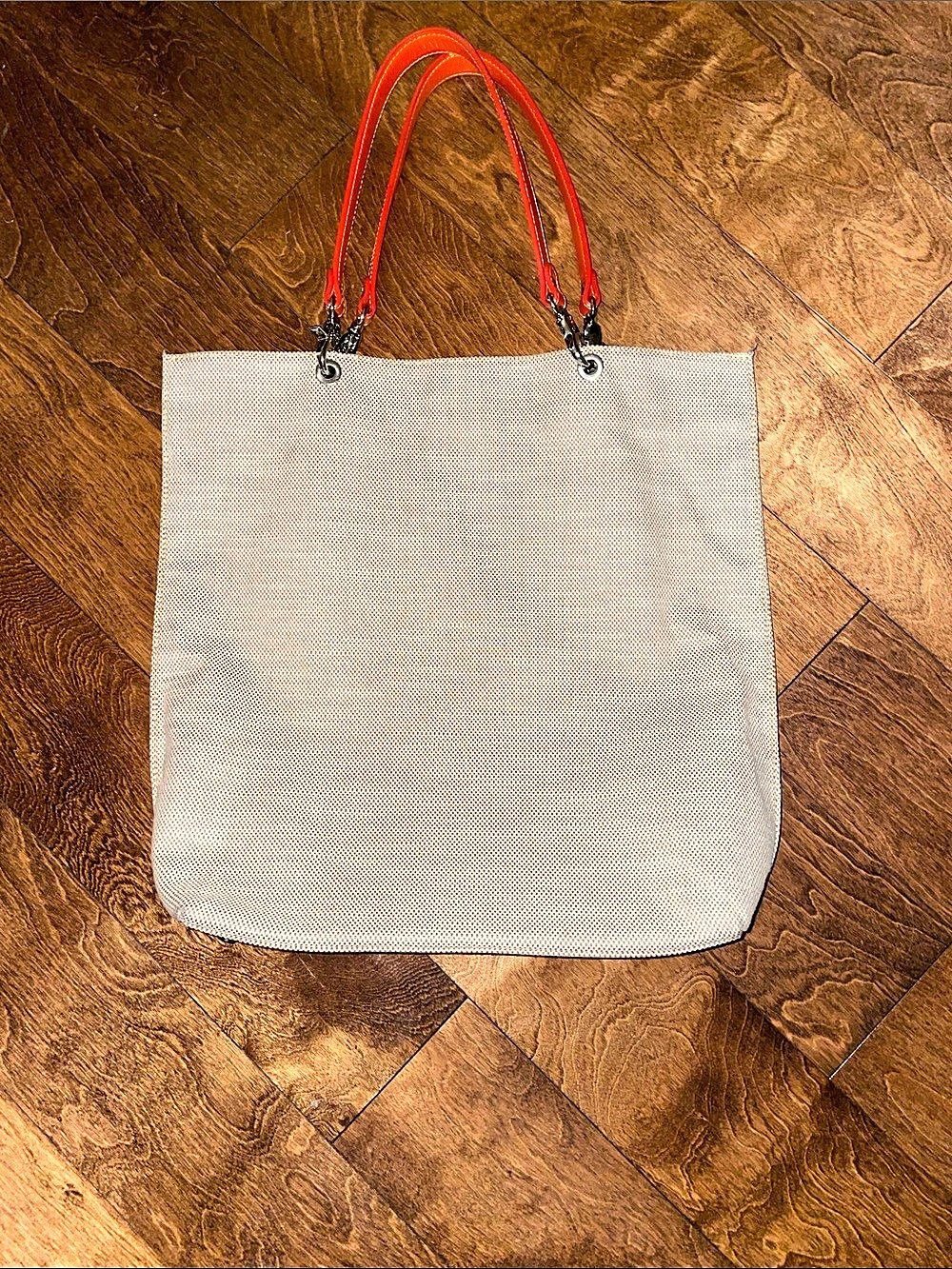 J McLaughlin Linen Tote with orange leather straps